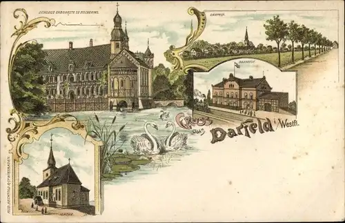 Litho Darfeld Rosendahl in Westfalen, Bahnhof, Gleisseite, Schloss, Kirche