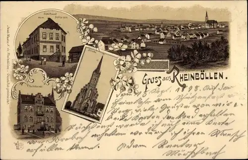 Litho Rheinböllen im Hunsrück, Gasthaus zum Schwan, Rathaus, Kirche, Totalansicht