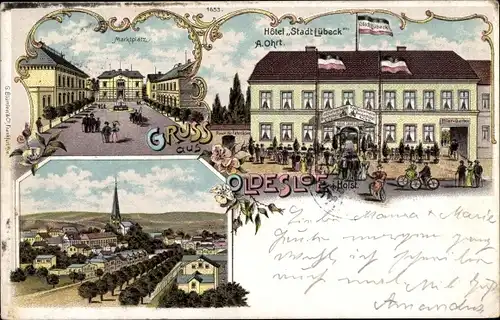 Litho Bad Oldesloe in Holstein, Hotel Stadt Lübeck, Marktplatz, Blick auf den Ort