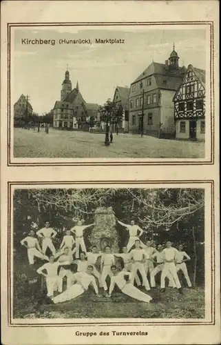 Ak Kirchberg im Hunsrück, Marktplatz, Gruppe des Turnvereins, Denkmal