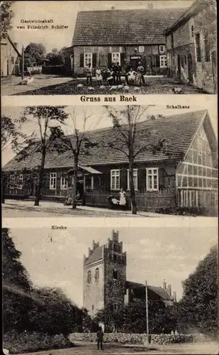 Ak Baek Groß Pankow in der Prignitz, Schulhaus, Kirche, Gastwirtschaft
