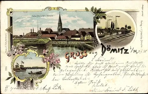 Litho Dömitz an der Elbe Mecklenburg, Blick auf den Ort, Hafen, Elbbrücke