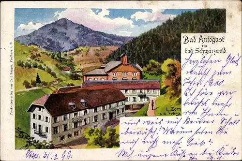 Künstler Litho Zorn, L., Oppenau im Ortenaukreis, Blick auf das Kurbad Bad Antogast, Berge