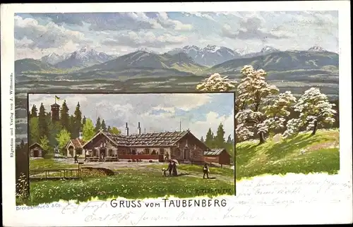 Künstler Ak Warngau in Oberbayern, Taubenberg, Panorama, Gasthaus