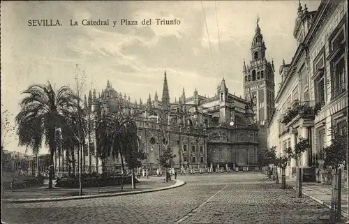 Ak Sevilla Andalusien, La Catedral y Plaza del Triunfo