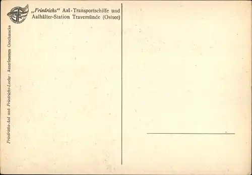 Künstler Ak Brade, E., Travemünde Lübeck, Friedrichs Aal Transportschiffe und Aalhälter Station