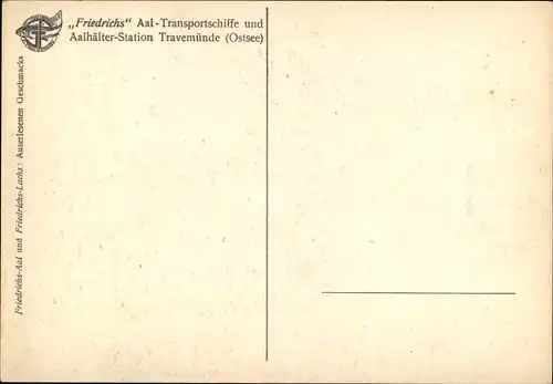 Künstler Ak Brade, E., Travemünde Lübeck, Friedrichs Aal Transportschiffe und Aalhälter Station