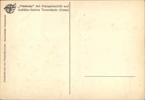 Künstler Ak Brade, E., Travemünde Lübeck, Friedrichs Aal Transportschiffe und Aalhälter Station