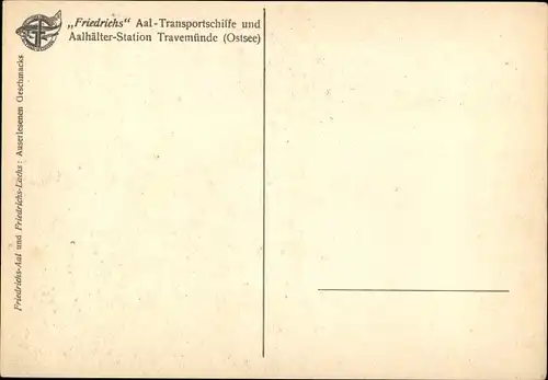 Künstler Ak Brade, E., Travemünde Lübeck, Friedrichs Aal Transportschiffe und Aalhälter Station