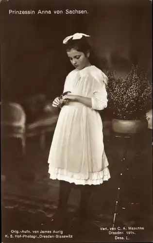 Ak Prinzessin Anna von Sachsen, Portrait, Weißes Kleid, Haarschleife
