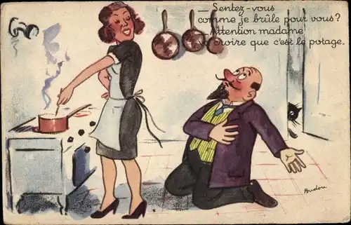 Künstler Ak Mann kniet vor einer Köchin