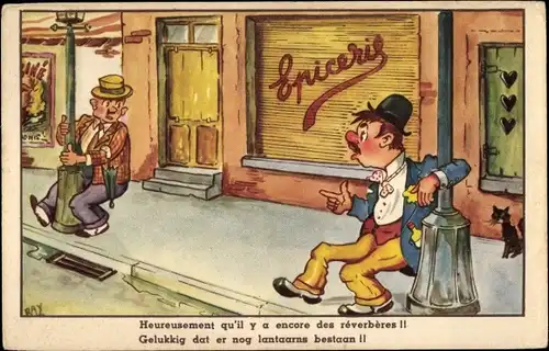 Künstler Ak Zwei betrunkene Männer halten sich an Laternen fest