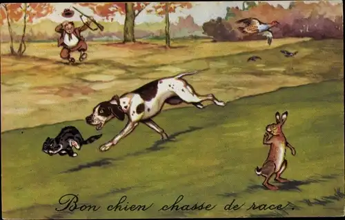 Künstler Ak Jagdhund verfolgt Katze anstatt Hase