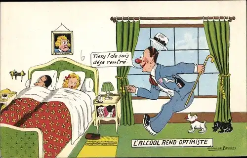 Künstler Ak Preissac, Jean de, L'Alcool rend optimiste, Paar im Bett, betrunkener Mann