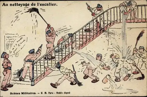 Ak Au nettoyage de l'escalier, Scenes Militaires, französische Soldaten putzen die Treppe