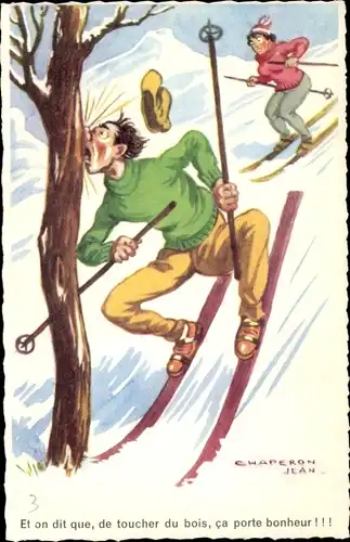 Künstler Ak Chaperon, J., Skifahrer ist gegen einen Baum gestoßen, Skifahrt
