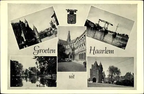 Ak Haarlem Nordholland Niederlande, Wappen, Hafen, Kirche, Gebäude, Gewässer, Turm