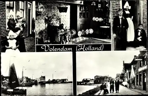 Ak Volendam Nordholland Niederlande, Einheimische in Trachten, Hafen, Innenansicht Küche