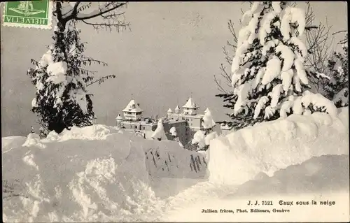 Ak Caux Montreux Kanton Waadt, Sous la neige, Ortsansicht im Schnee