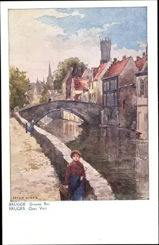 Künstler Ak Currie, J., Bruges Brügge Flandern Westflandern, Groene Rei, Brücke, Fluss