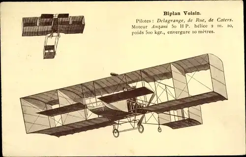 Ak Biplan Voisin, Delagrange, de Rue, de Caters, Aéroplane, Flugpioniere