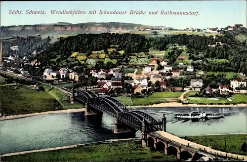 Ak Bad Schandau an der Elbe, Wendischfähre mit Schandauer Brücke und Rathamnnsdorf