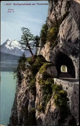 Ak Interlaken Kanton Bern Schweiz, Merligenstraße am Thunersee