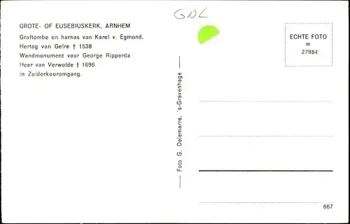 Ak Arnhem Gelderland Niederlande, Grote of Eusebiuskerk, Graftombe van Karel v. Egmond