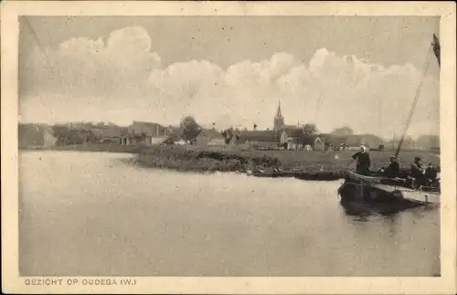 Ak Oudega Wymbritseradiel Friesland Niederlande, Blick aus der Ferne, Boot