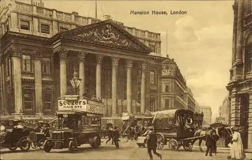 Ak London City England, Mansion House, Kutschen und Automobile, Werbung Seegers Hair Dye