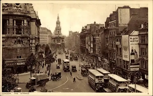 Ak London City England, The Strand, Busse, Werbung Black & White, Slaters Restaurant