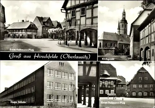 Ak Hirschfelde Zittau in Sachsen, Ernst-Thälmann-Platz, Neue Schule, Kirchgasse