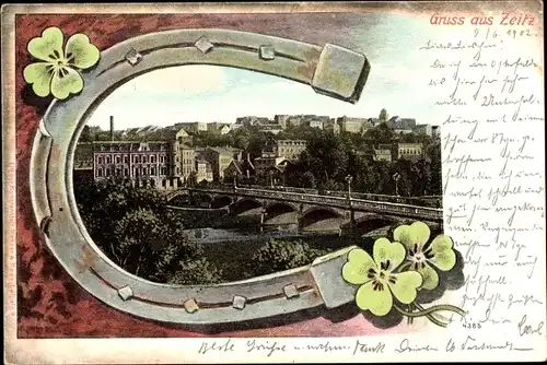 Passepartout Ak Zeitz an der Weißen Elster im Burgenlandkreis, Ort, Brücke, Hufeisen, Kleeblätter