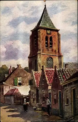 Künstler Ak Gerstenhauer, Johann Georg, niederländisches Dorfmotiv, Kirchturm