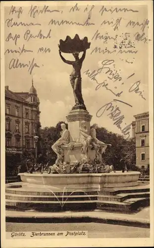 Ak Görlitz in der Lausitz, Zierbrunnen am Postplatz