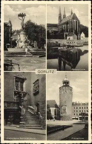 Ak Görlitz in der Lausitz, Kunstbrunnen Hindenburgplatz, Peterskirche, Frauenturm, Rathaustreppe