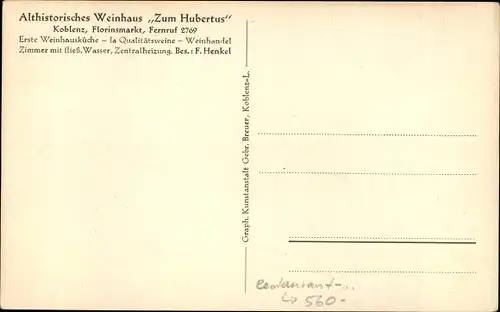 Ak Koblenz, Althistorisches Weinhaus Zum Hubertus, Florinsmarkt, Wein-Gedicht