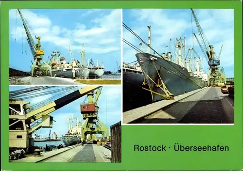 Ak Hansestadt Rostock, Überseehafen, Schiffe, Kräne