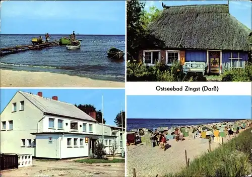 Ak Seeheilbad Zingst an der Ostsee, Fischerstrand, Rohrdachkaten, FDGB Erholungsheim Stranddistel