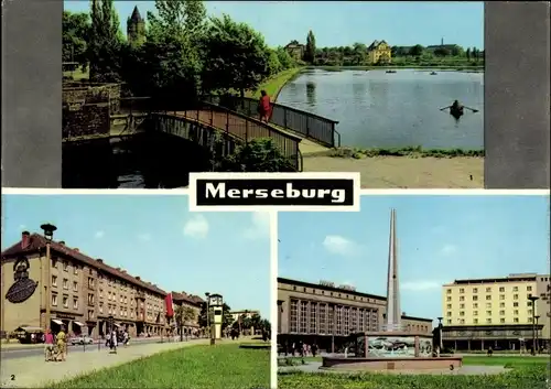 Ak Merseburg an der Saale, Gotthardteich, Ernst-Thälmann-Straße, Bahnhof, Kosmonautenbrunnen