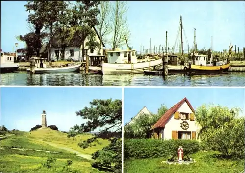 Ak Insel Hiddensee in der Ostsee, Neuendorf, Hafen, Kloster, Leuchtturm, Seemanshäuschen