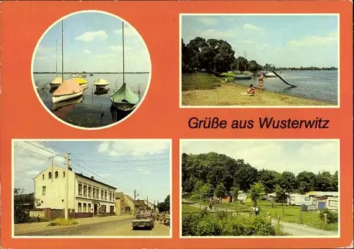 Ak Wusterwitz in Brandenburg, Campingplatz D 10, Wusterwitzer See mit Booten, Klubhausgaststätte