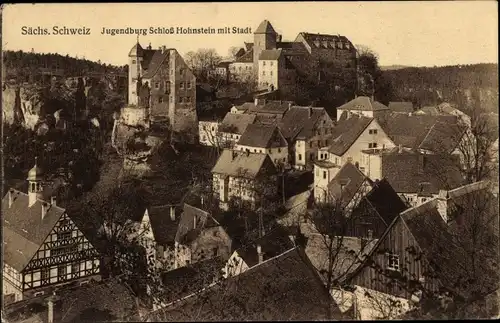 Ak Hohnstein Sächsische Schweiz, Jugendburg mit Stadt