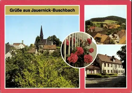 Ak Jauernick Buschbach Markersdorf Oberlausitz, Ortsansicht mit Kirche, Blumen, Gebäude