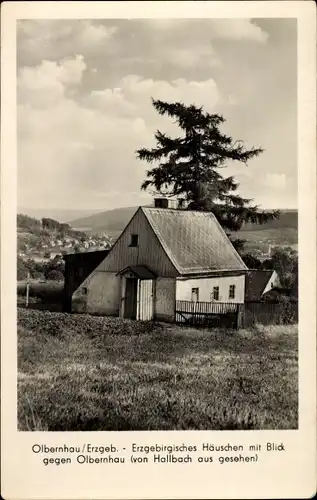 Ak Olbernhau im Erzgebirge, Erzgebirgisches Häuschen, Blick von Hallbach