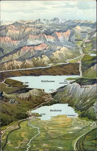Landkarten Ak Walchensee Kochel am See, Kochelsee, Orten und Bergen