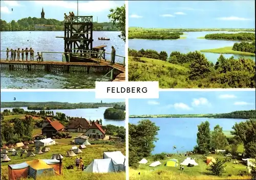 Ak Feldberg in Mecklenburg, Badeanstalt, Blick vom Hauptmannsberg und Hüttenberg, Zeltplatz