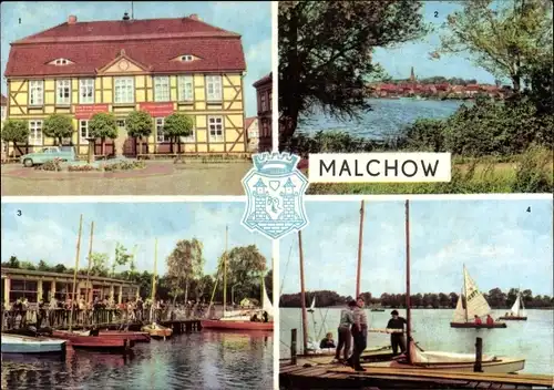 Ak Malchow in Mecklenburg, Wappen, Fachwerkhaus, Ortsansicht, Segelboote, Steg