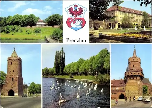 Ak Prenzlau in der Uckermark, HOG Am Kap, HO Hotel Uckermark, Uckersee, Blindower Turm, Tor