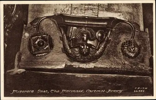 Ak Cartmel Cumbria England, Miserere Seat, The Mermaid, Priory